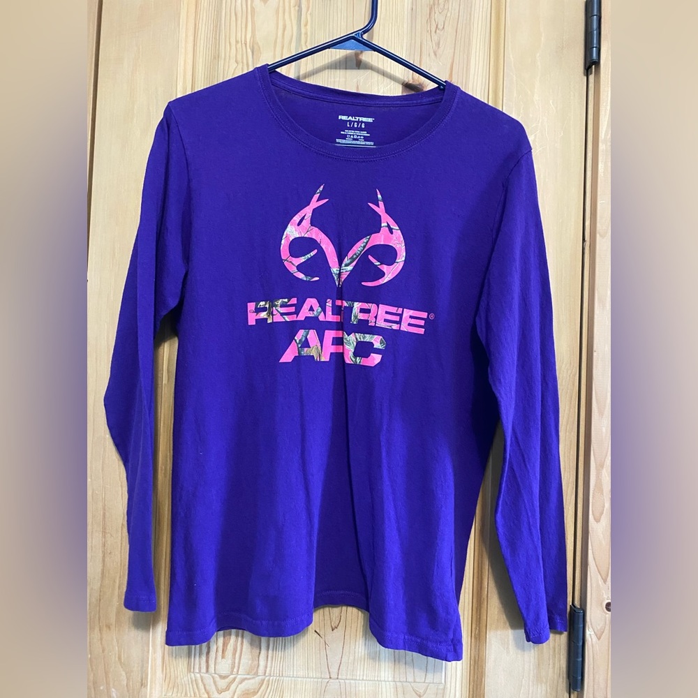 Realtree Purple Long Sleeve with pink camo letters Large